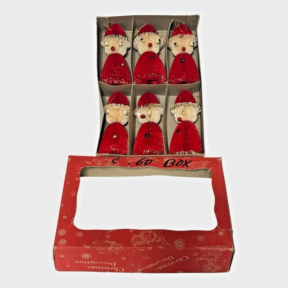 Honeycomb Paper Santa Ornaments Set of 6 Original Box c1950s Christmas Vintage